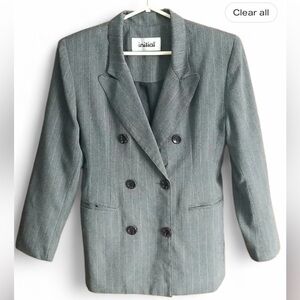 🇨🇦 Vintage 80s Grey Double Breasted Power Blazer Pinstripe Tailored Size Medium